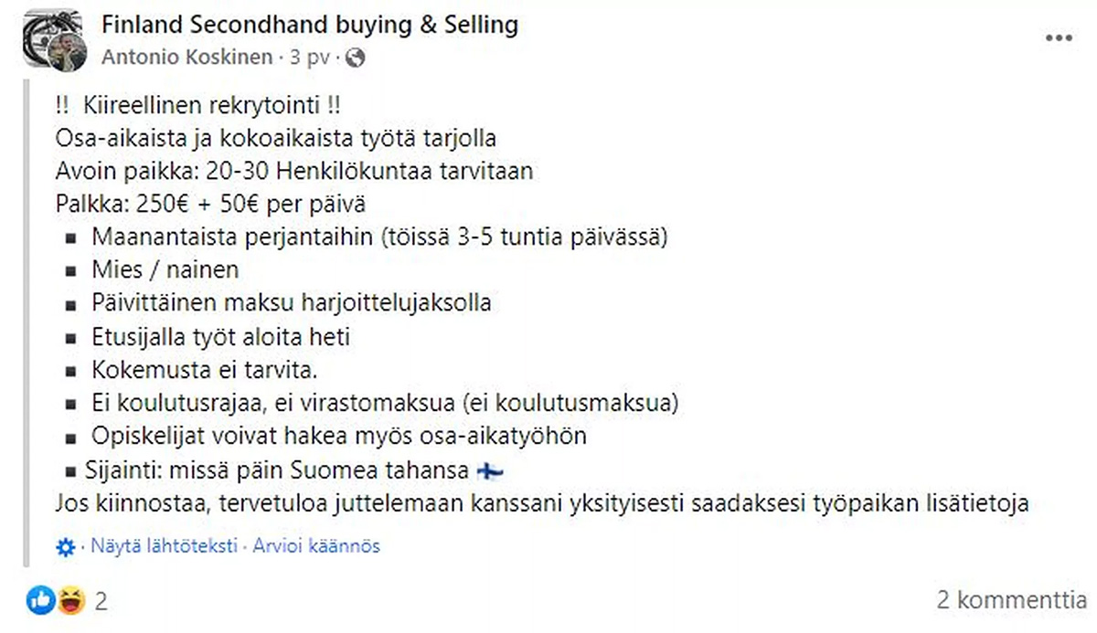 Soomes levib ohtlik pettus, kus pakutakse tasuvat tööd