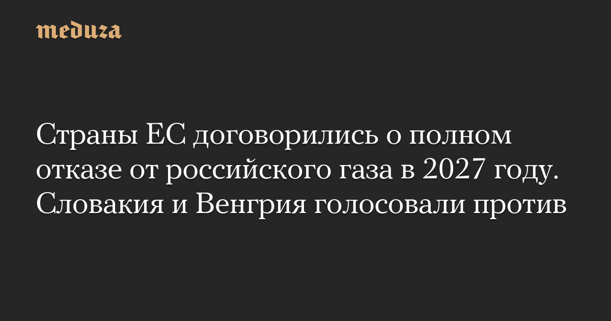 Страны ЕС договорились о полном отказе от российского газа в 2027 году. Словакия и Венгрия голосовали против