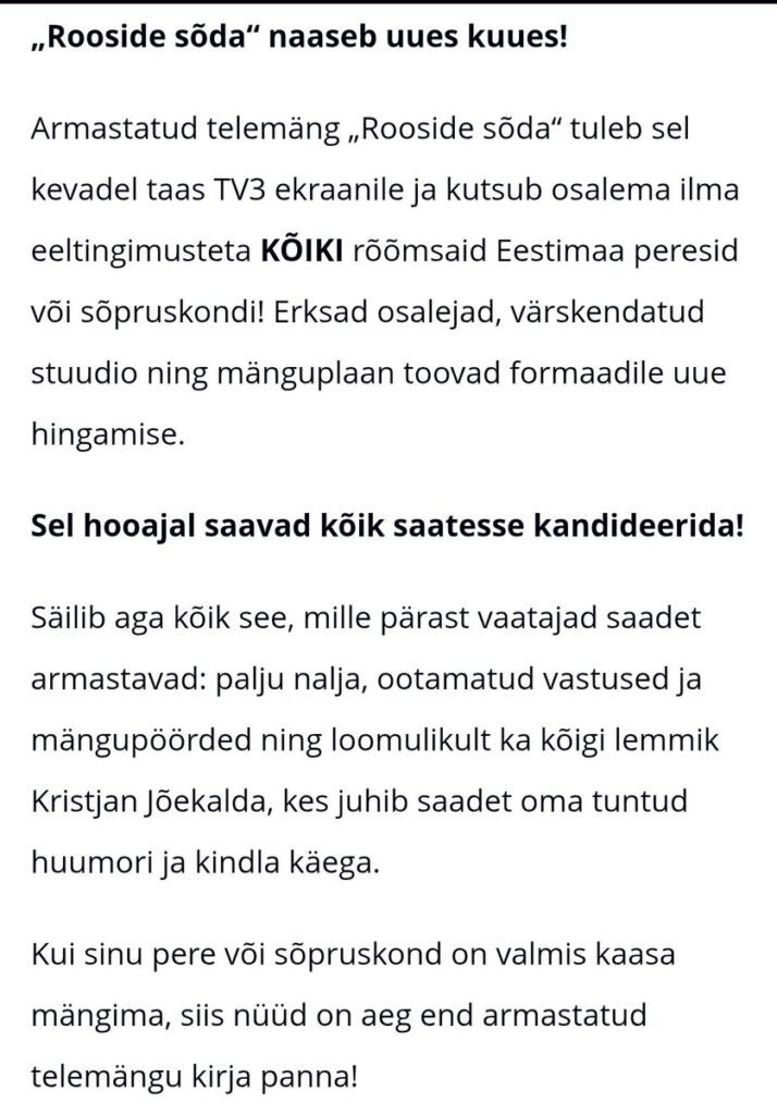 „Rooside sõda“ naaseb uues kuues ja kutsub osalema