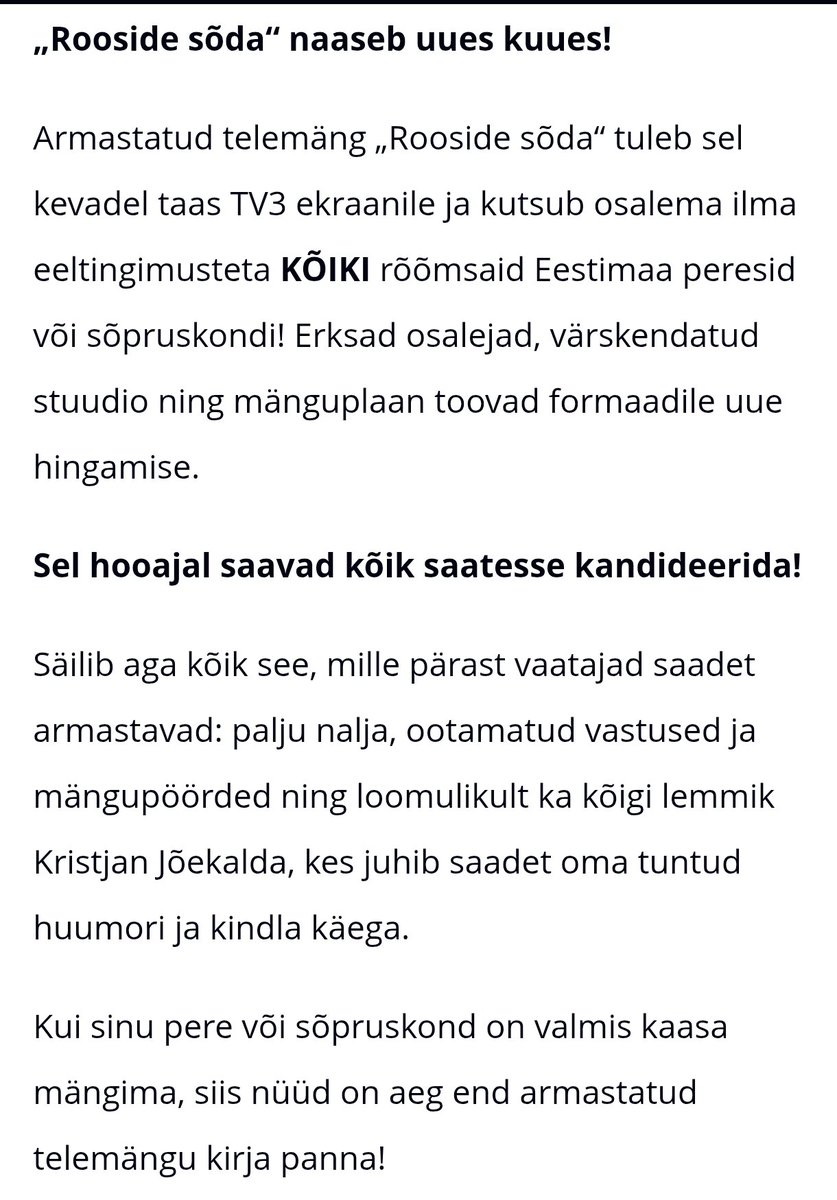 „Rooside sõda“ naaseb uues kuues ja kutsub osalema