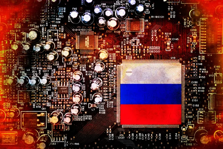 3FACJ4K Russian flag on a computer circuit board, photomontage